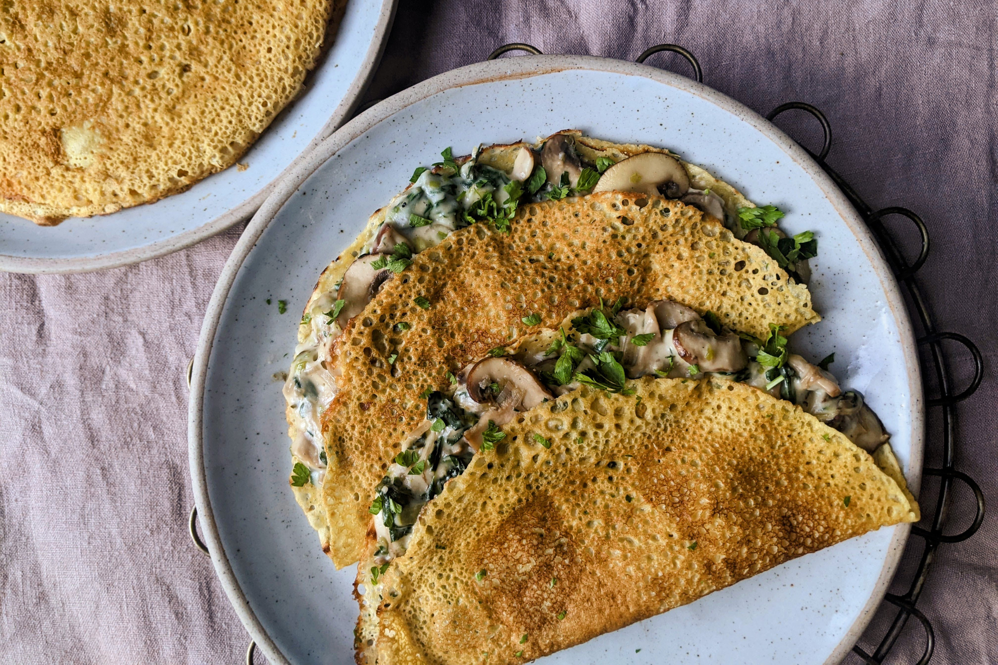 Chickpea Pancakes with Creamy Mushrooms and Spinach