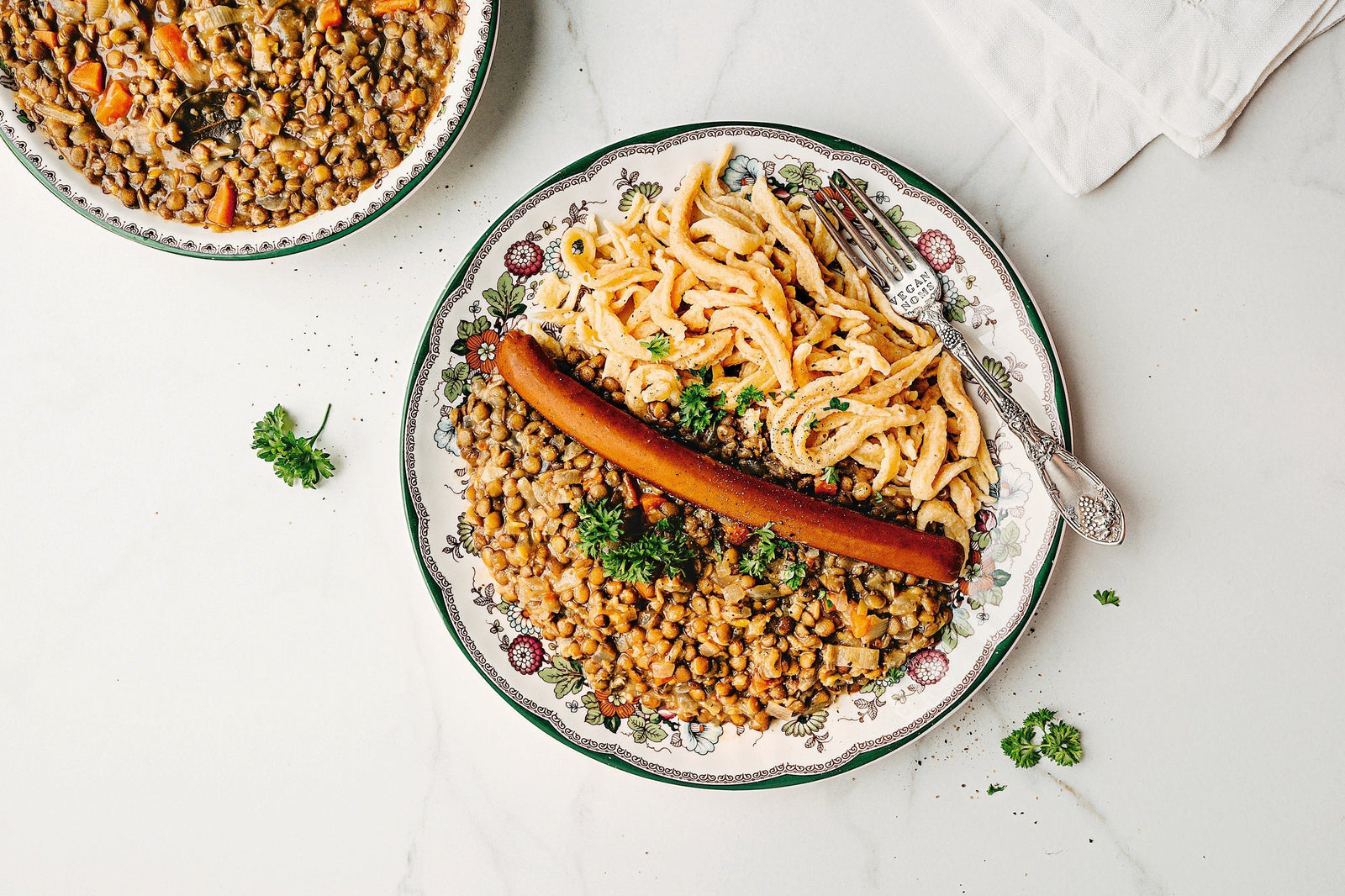 Lentils with Spelt Spaetzle and Tofu Frankfurters