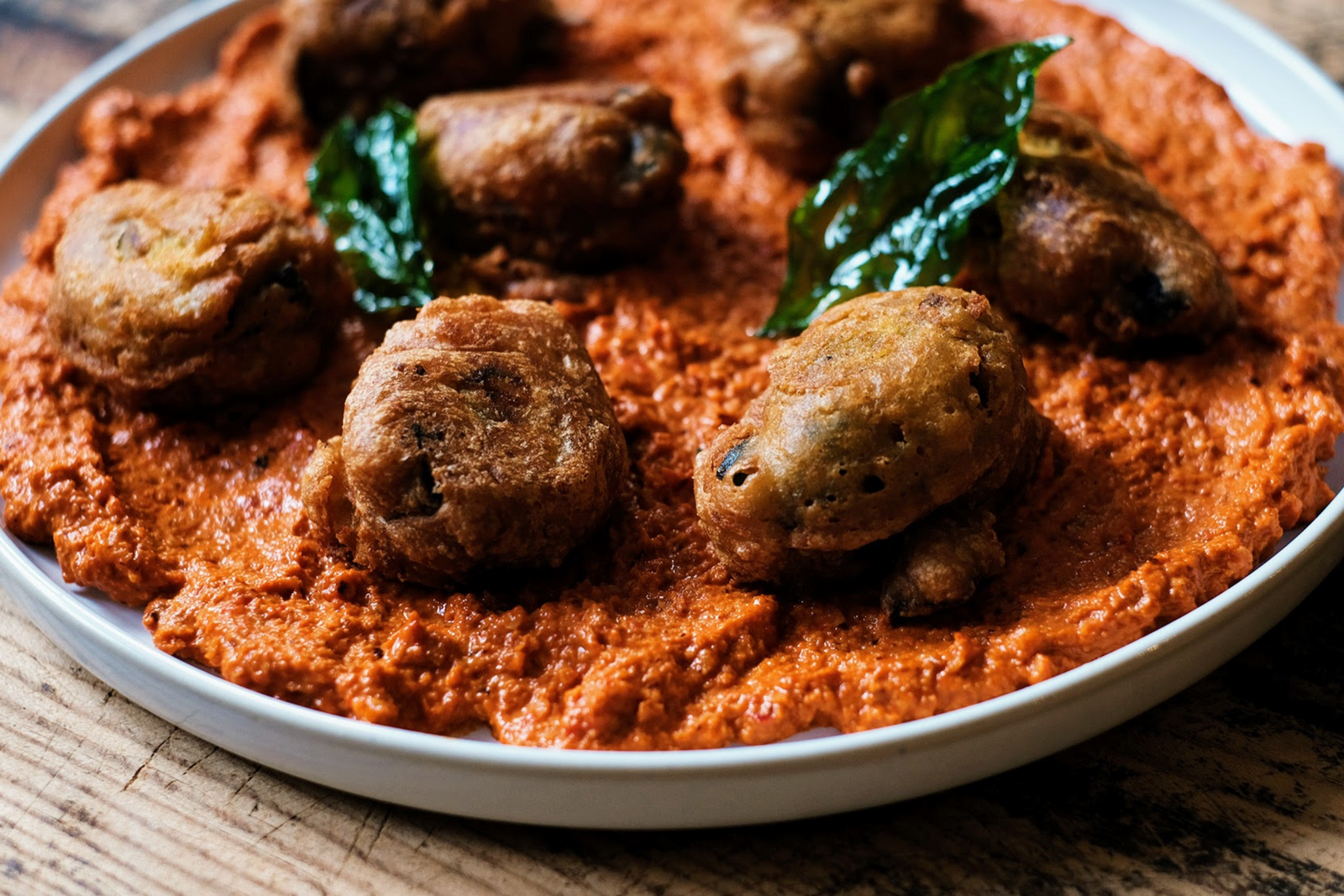 Aubergine Fritters & Brazil Nut Romesco Sauce