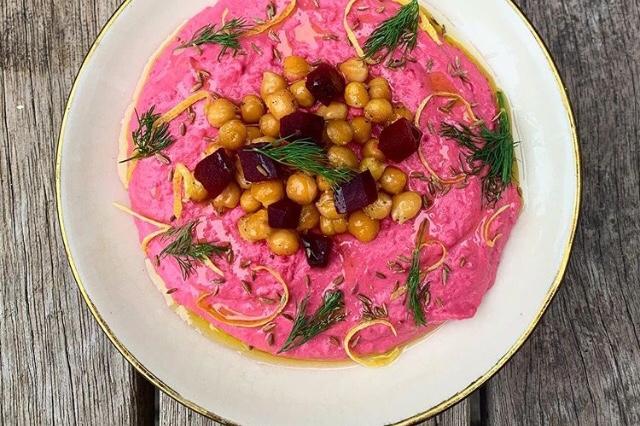 Beetroot hummus with roasted lemon chickpeas