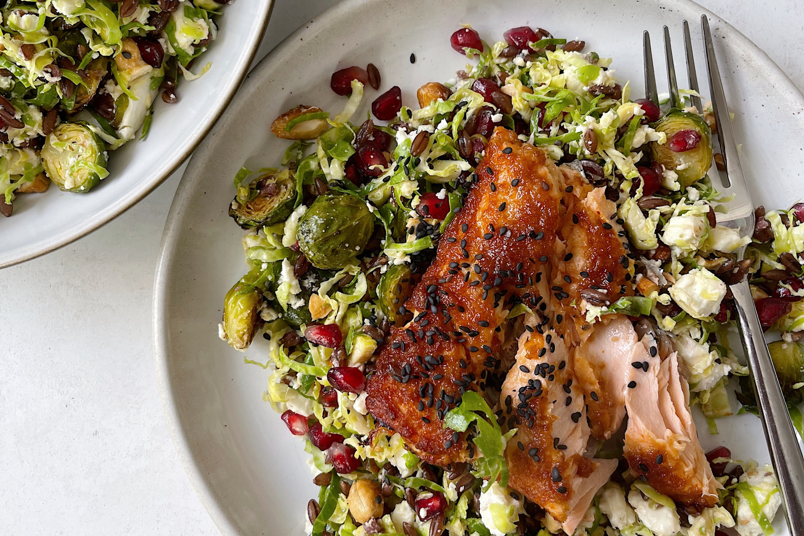 Black Barley Salad with Brussels Sprouts, Pomegranate, Cashews, and Feta