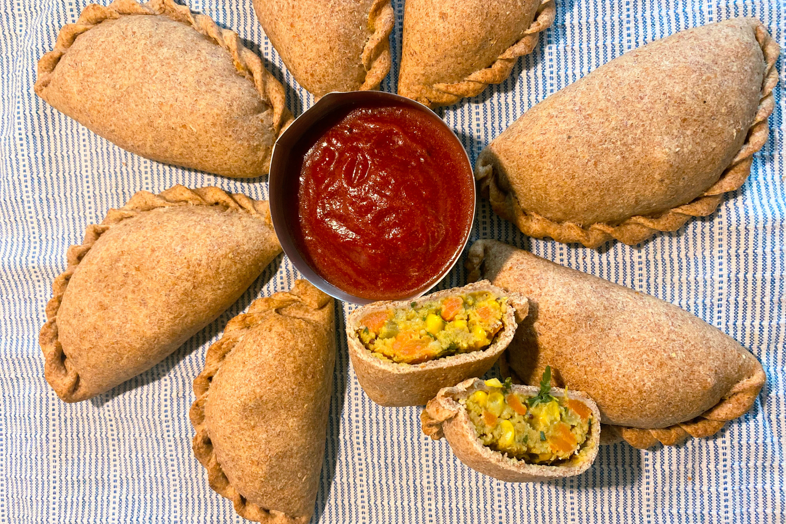 Blue Pea Samosas with Tomato Chutney