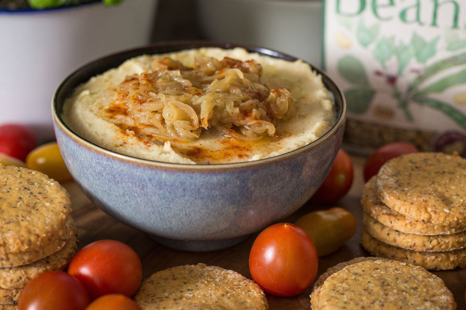 Caramelised Onion Ful Nabed with Smoked Quinoa Crackers