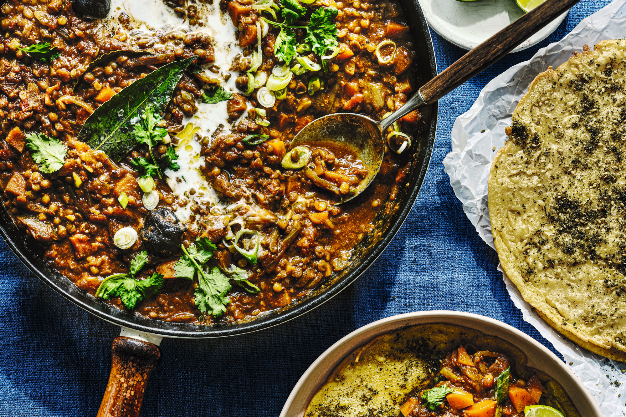 Chickpea Pancake with Spiced Lentil and Pine Nut Curry