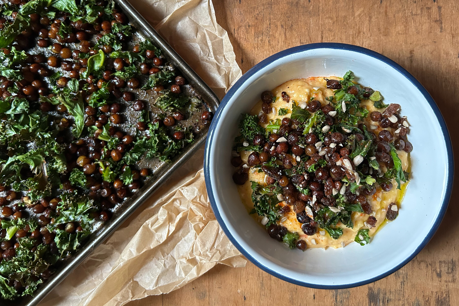 Creamy Polenta Mash with Salt & Vinegar Peas & Crispy Kale