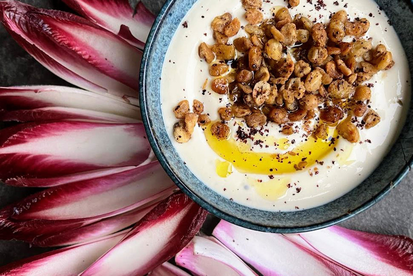 Crispy Fava Beans, Whipped Tofu & Red Chicory