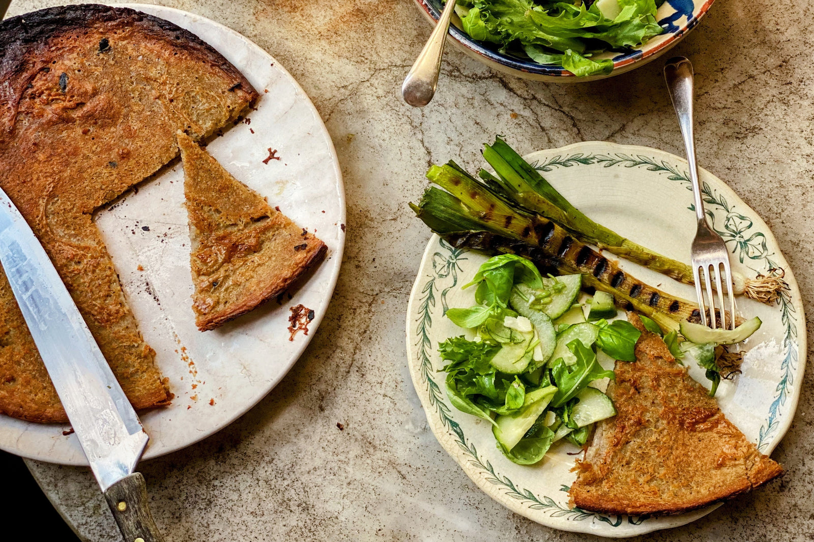 Crispy Fava Farinata with Herb Salad & Griddled Spring Onions