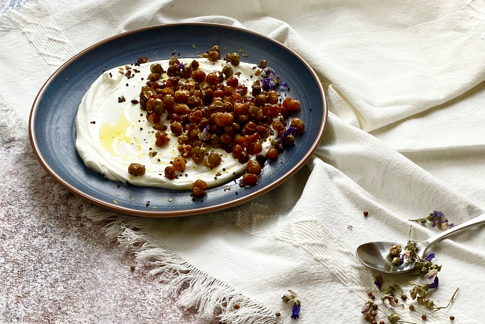 Crispy Flamingo & Blue Peas with Labneh & Lemon Oil
