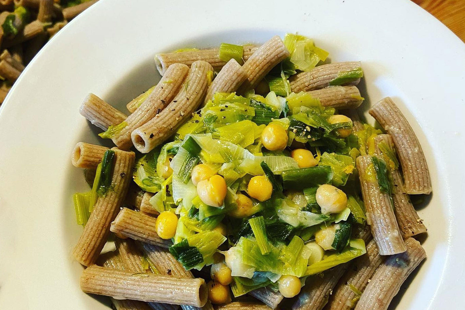 Spelt & Fava Bean Sedani with Chickpeas and Leeks