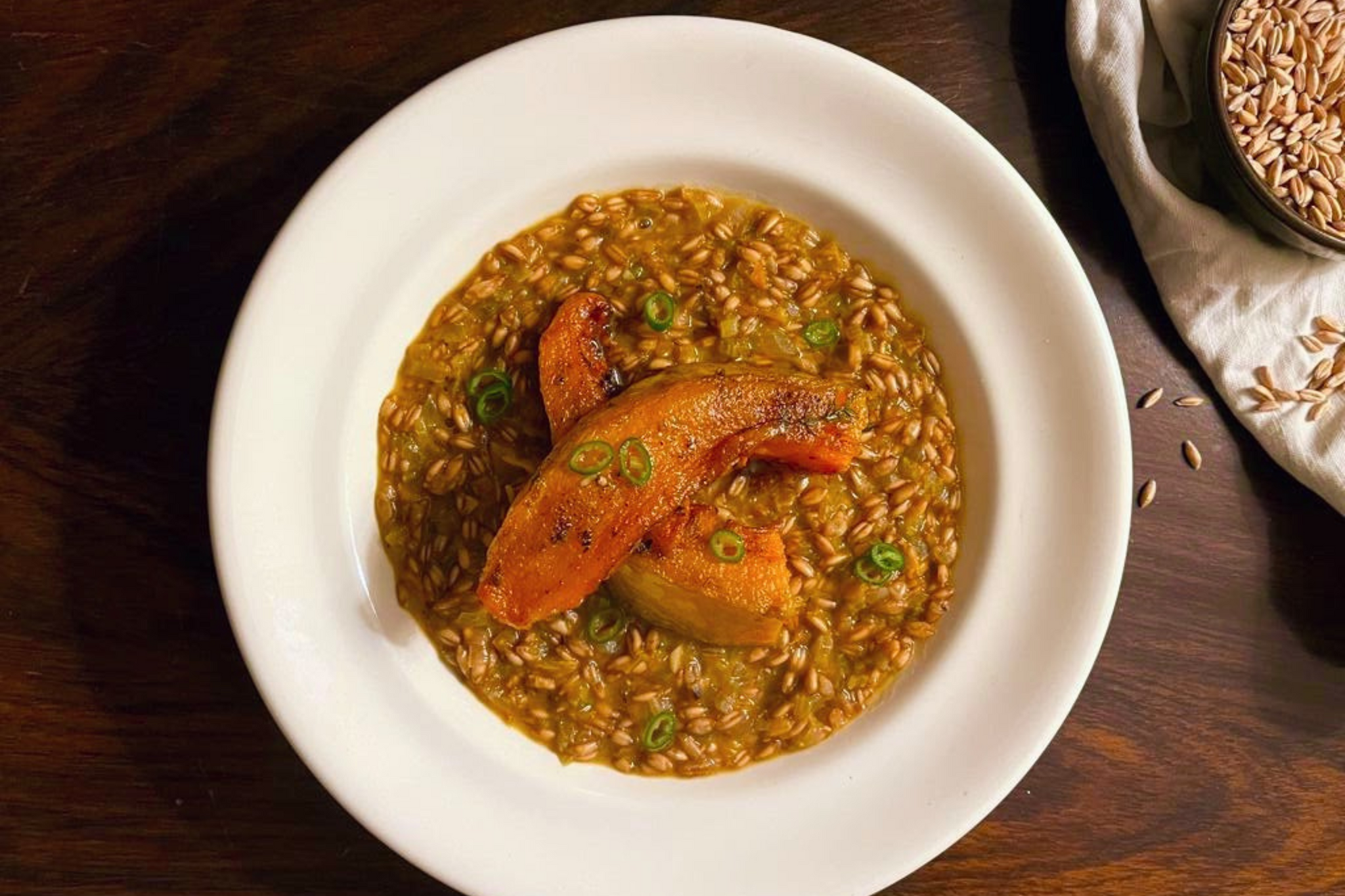 Emmer, Squash & Clementine Risotto with Pickled Green Chilli