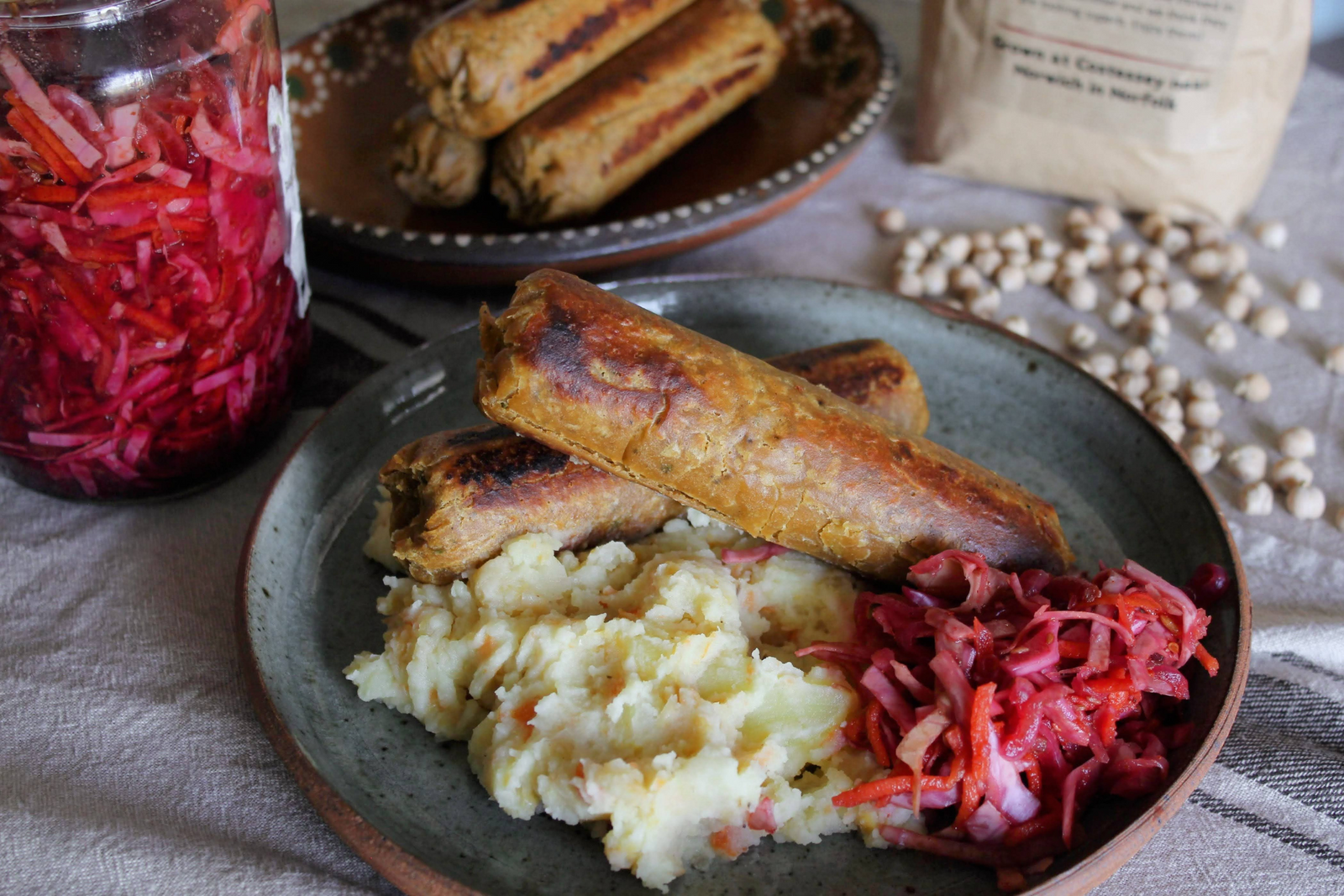 Veggie Sausages with Root Vegetable & Chickpea Mash