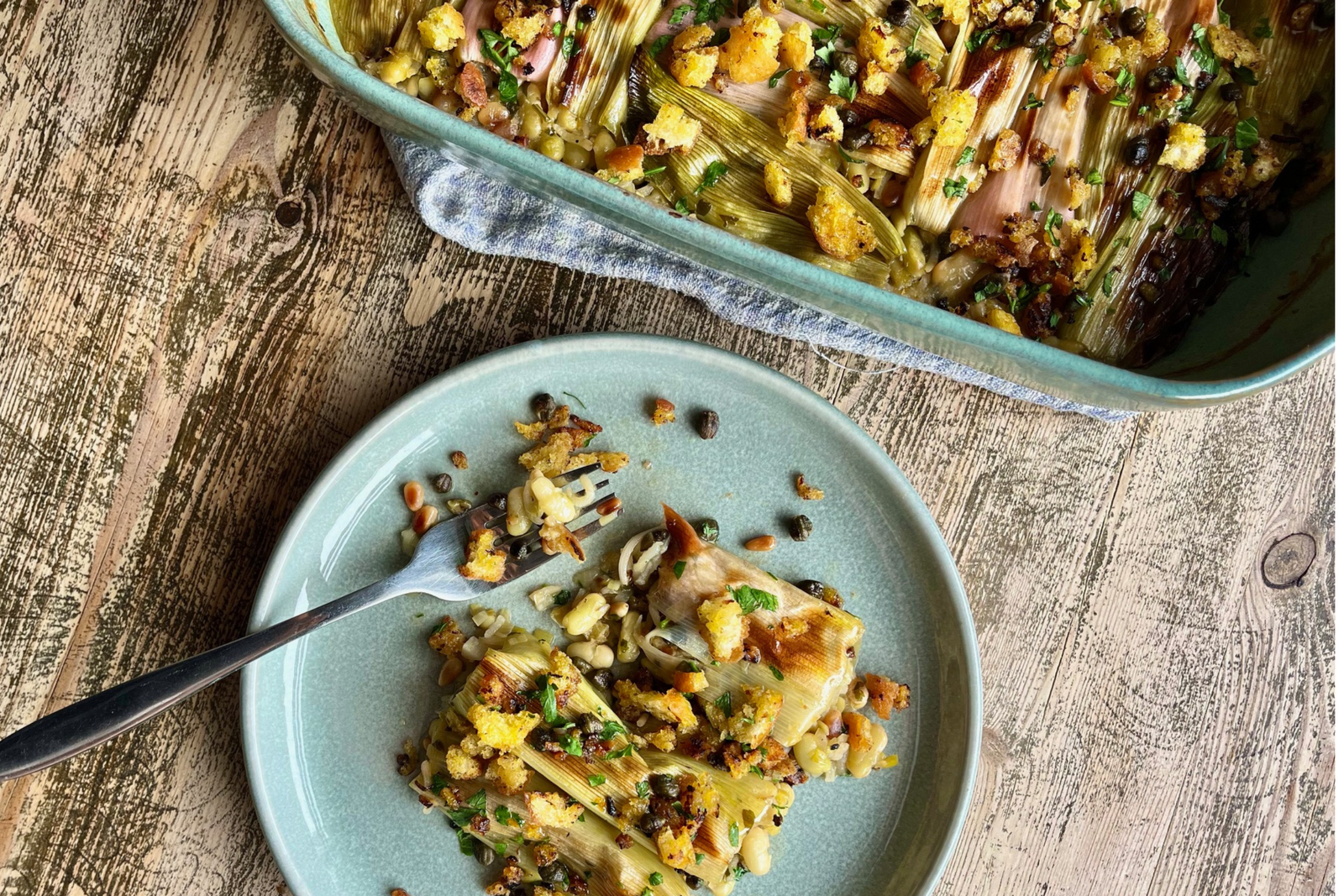 Flageolet Bean Stuffed Leeks with Orange and Caper Crumb. 