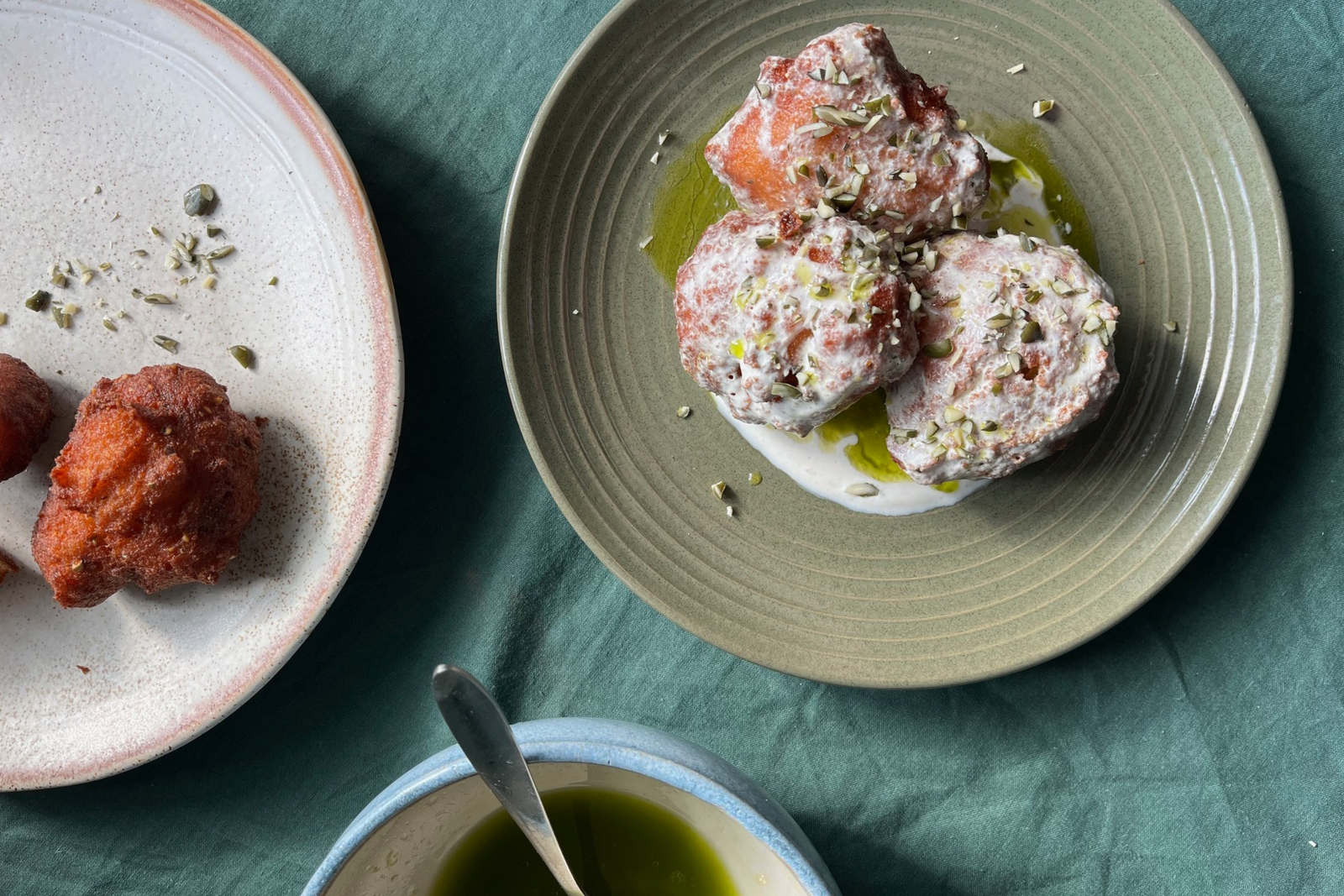 Flamingo Pea Fritters With Spiced Yogurt and Fig Leaf Vinaigrette