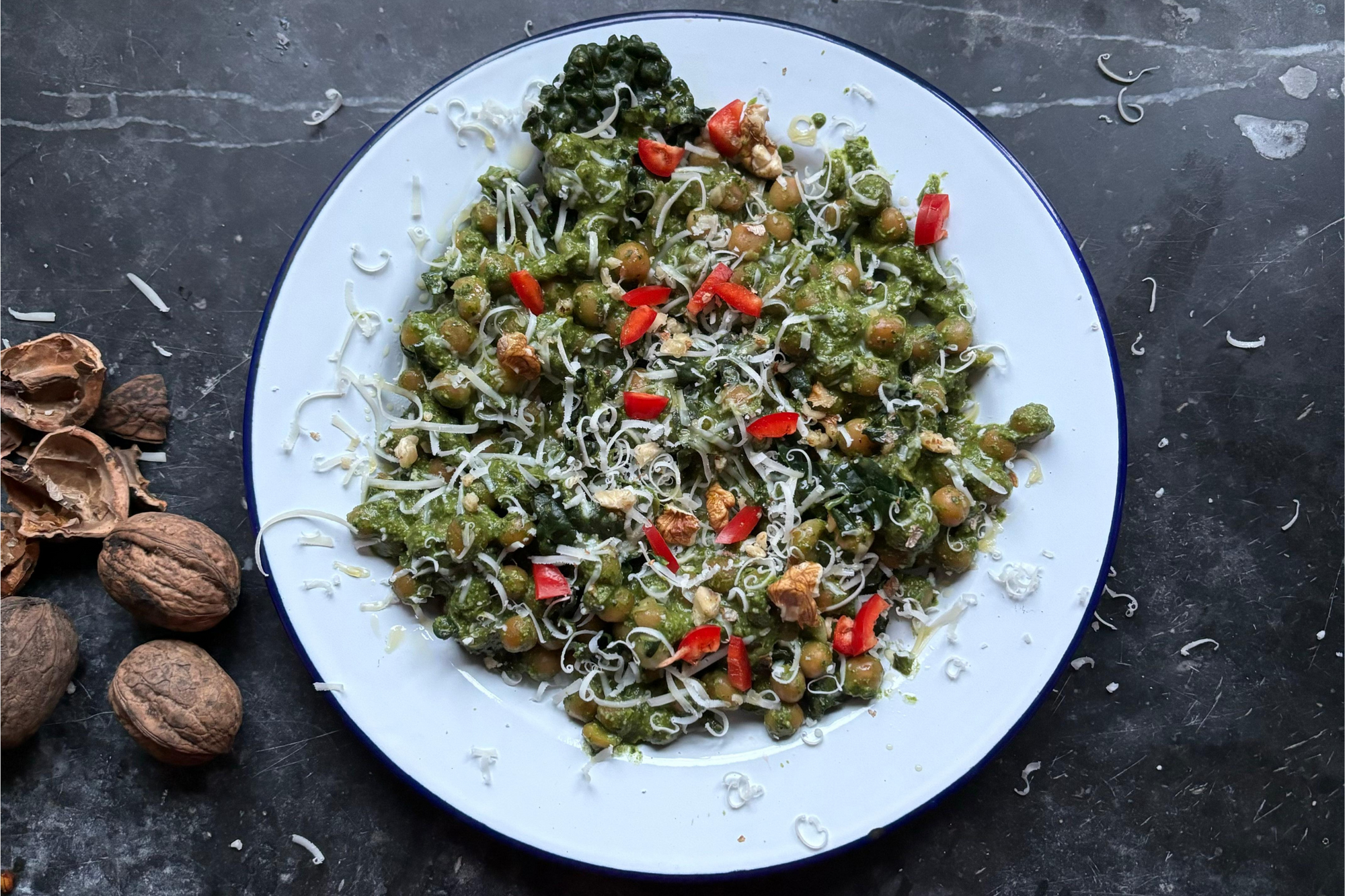 Flamingo Peas with Kale and Walnut Pesto