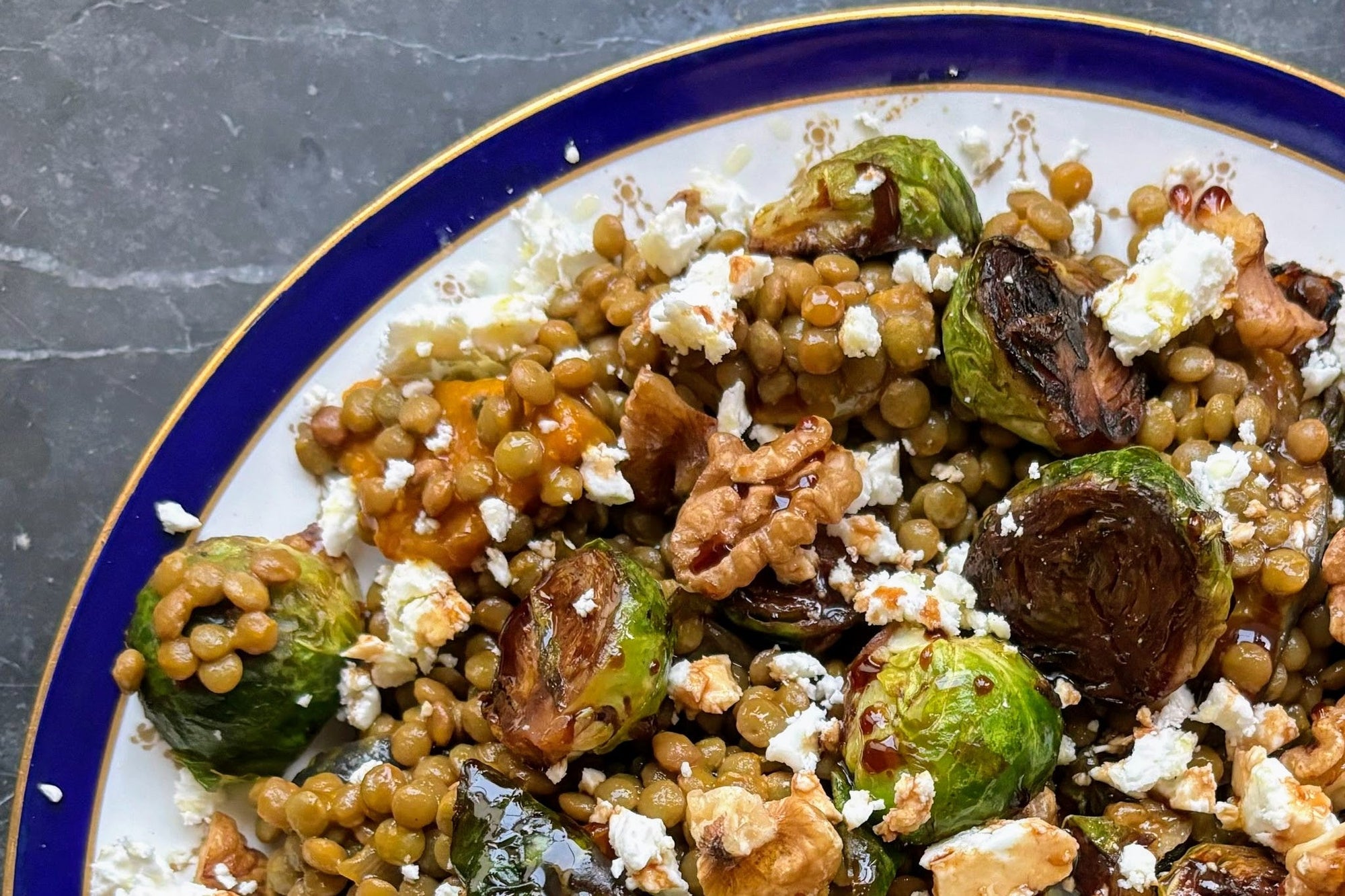 Glazed Sprouts with Lentils, Walnuts and Feta