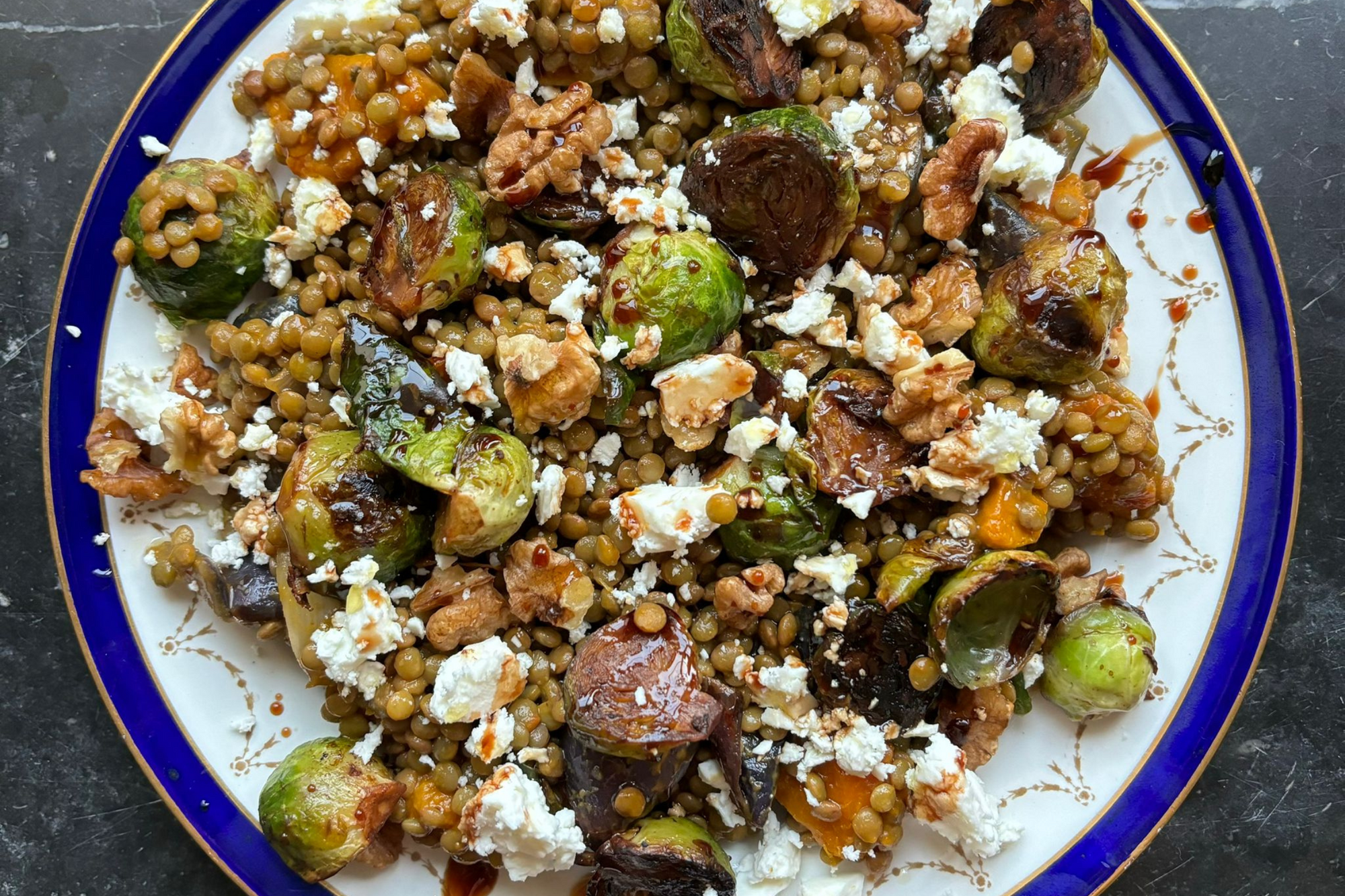 Glazed Sprouts with Lentils, Walnuts and Feta