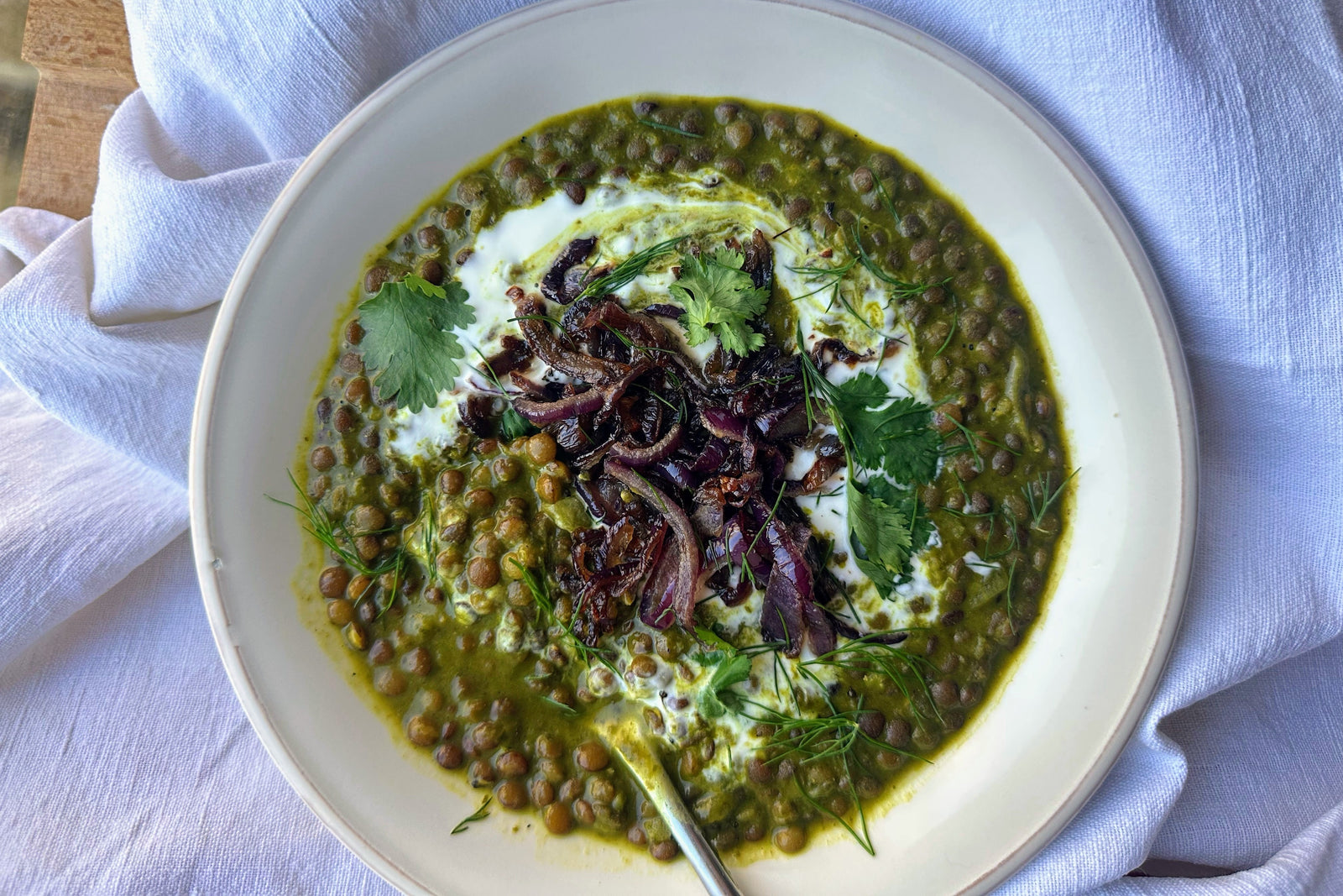 Herby Green Lentil Stew with Caramelised Onions & Yoghurt