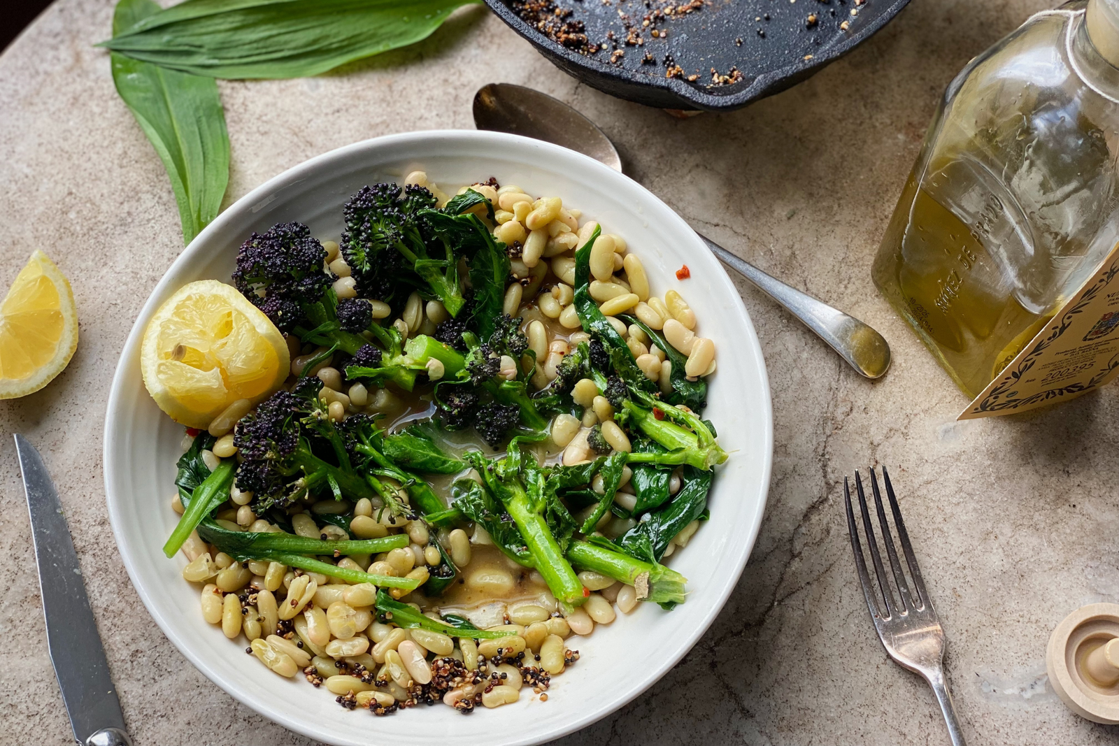Lemony Flageolet Beans with Purple Sprouting Broccoli & Savoury Seeds
