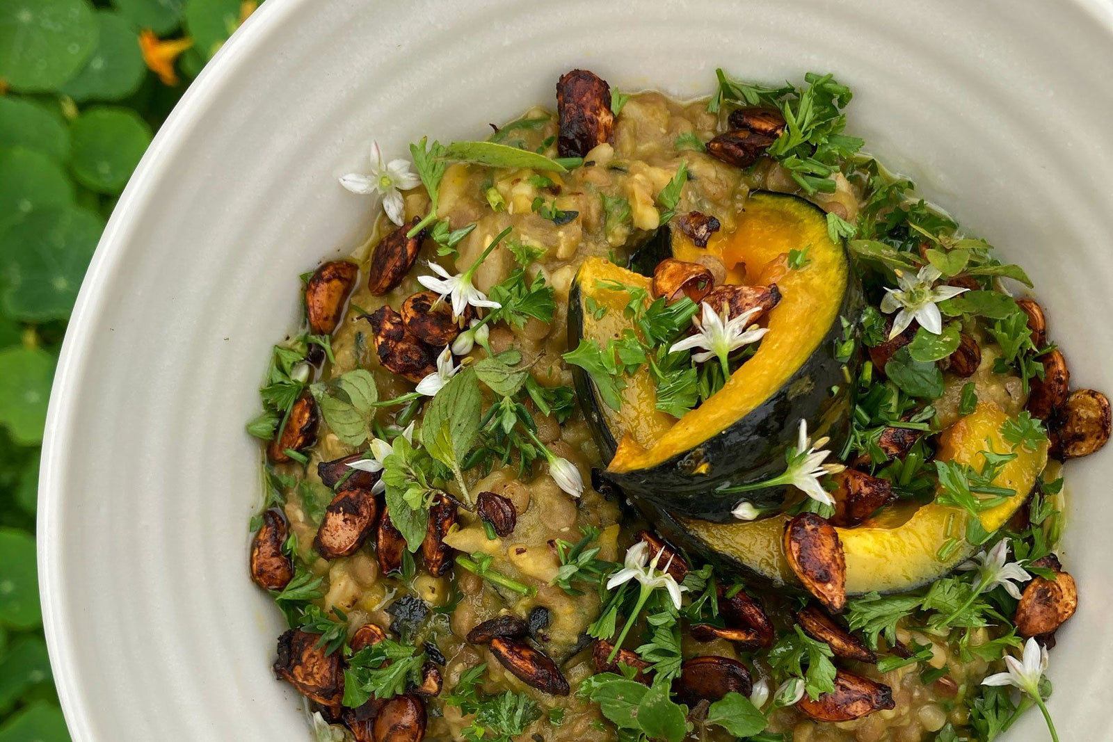 Lentil, Naked Oat & Squash Soup-Stew with Toasted Squash Seeds