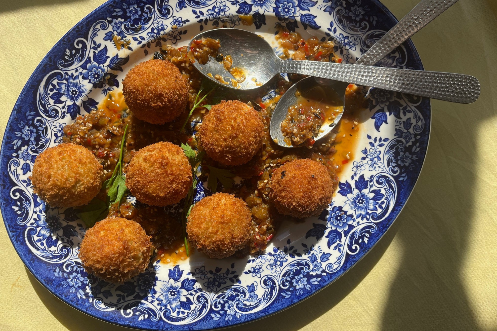 Marrowfat Pea & Smoked Tofu Bon Bons with Burnt Leek XO