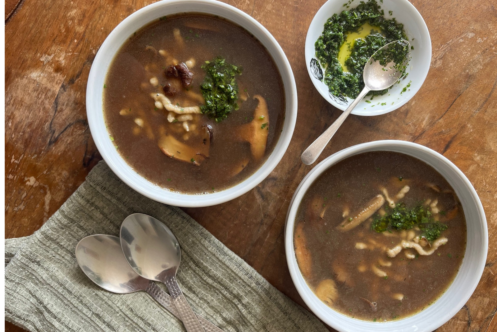 Naked Barley Nokedli in Mushroom Broth with Parsley and Sage Relish.