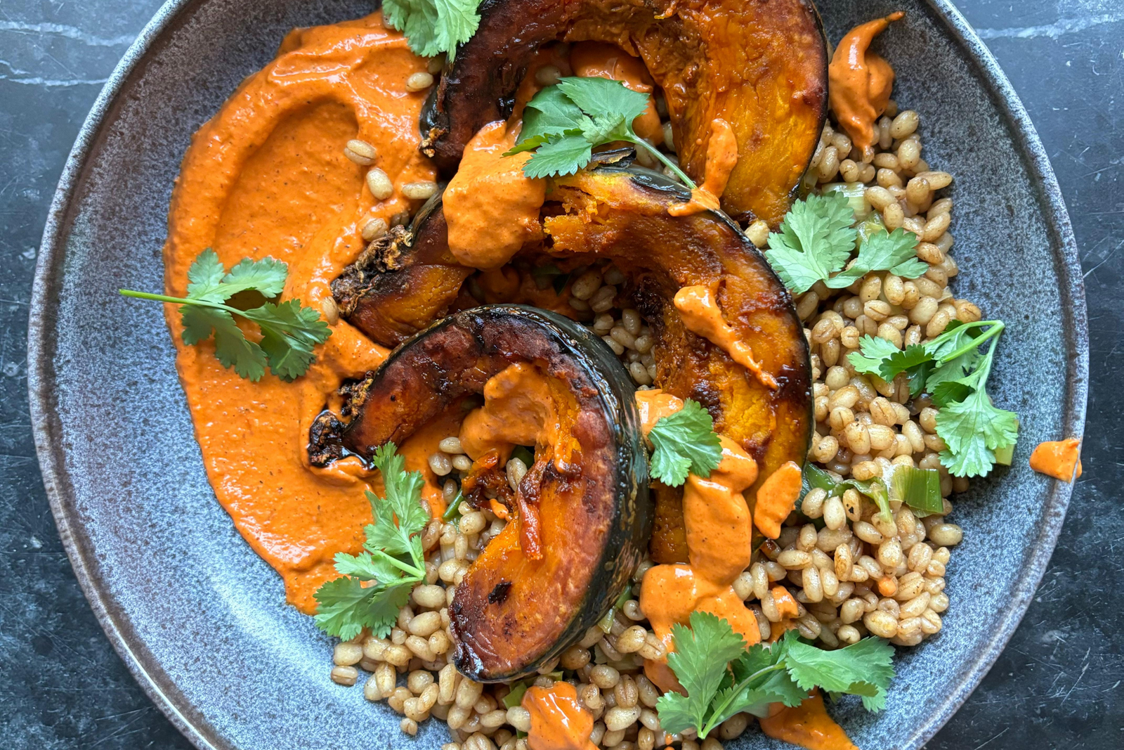 Naked Barley & Roasted Squash with Romesco Sauce