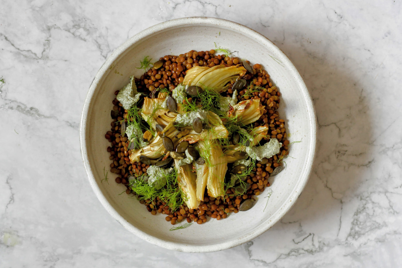 Olive Green Lentils, Roasted Fennel & Hemp Cream