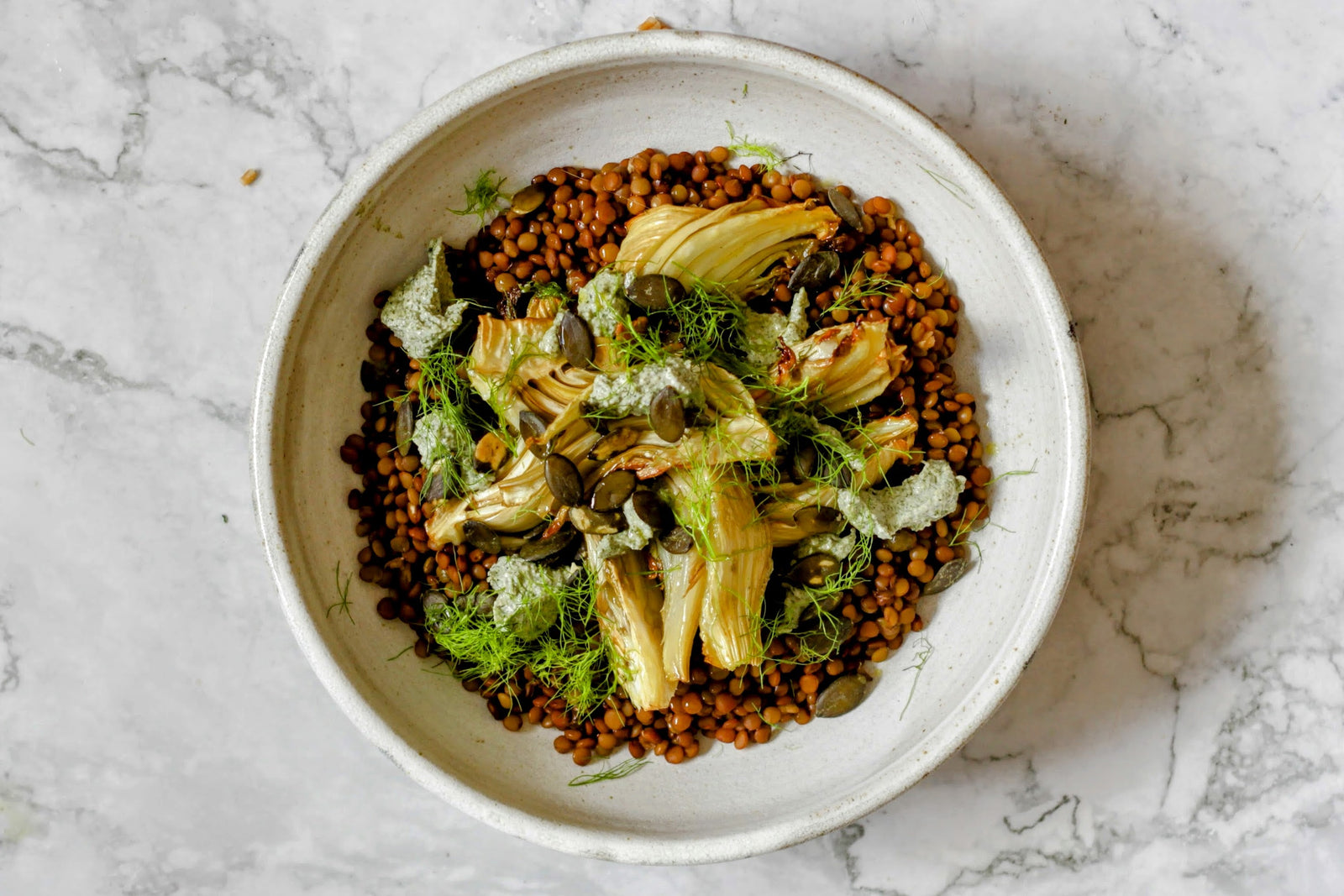Olive Green Lentils, Roasted Fennel & Hemp Cream