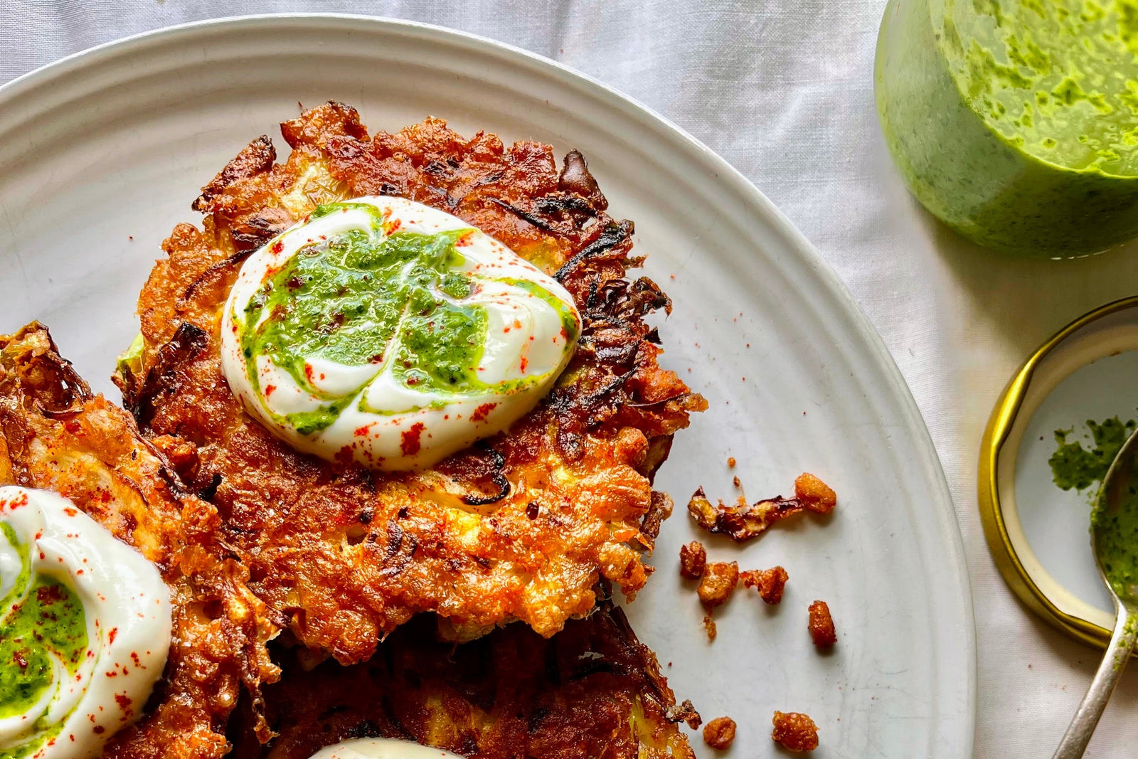 Pearled Spelt, Cabbage & Feta Fritters with Salsa Verde