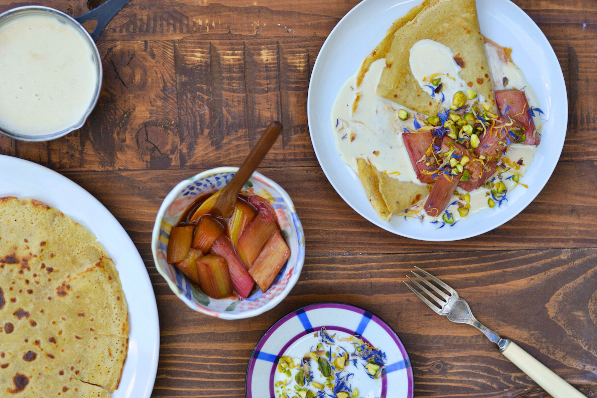 Barley & Quinoa Pancakes with Rhubarb & Custard