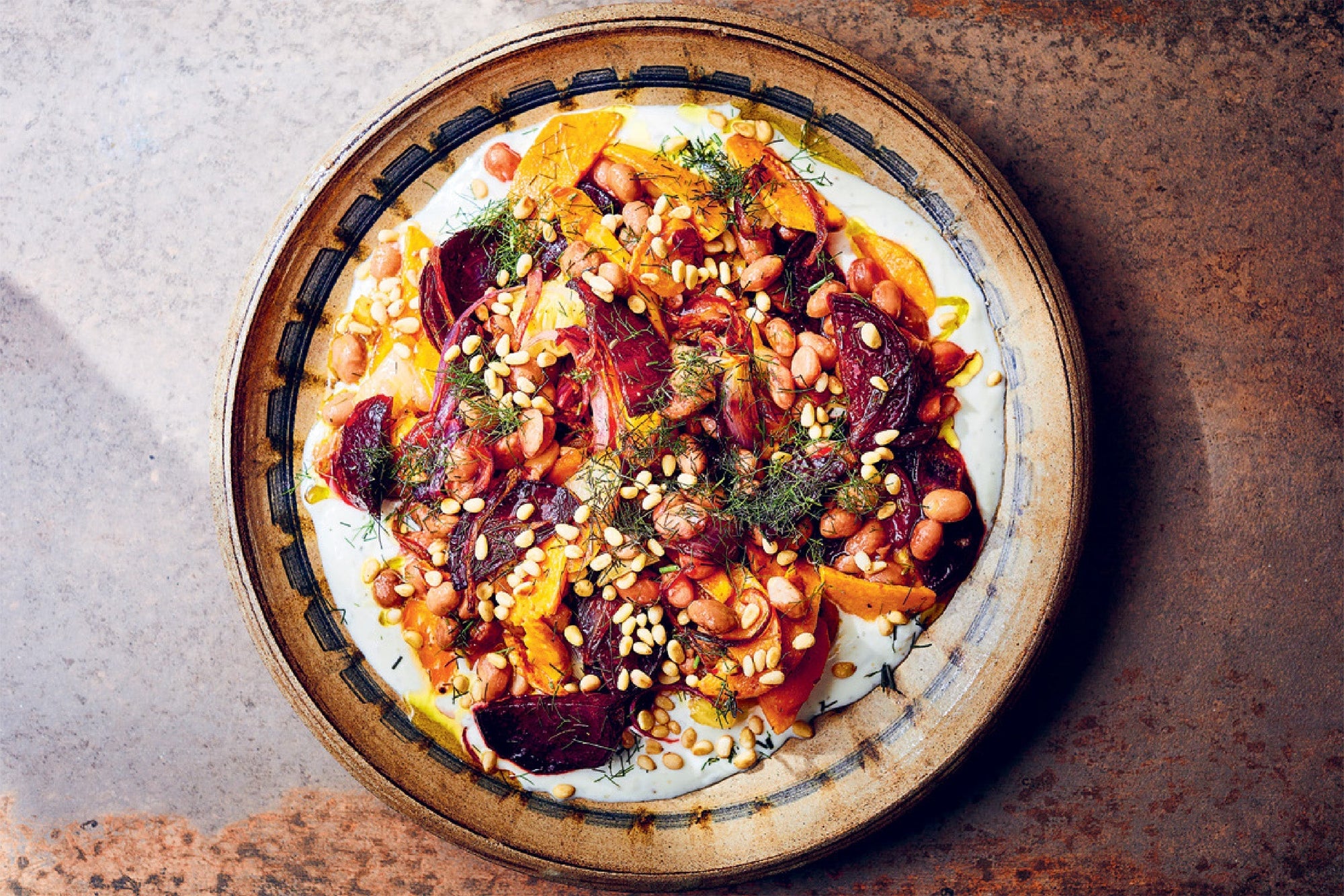 Roasted Vegetables with Borlotti Beans and Fennel Yogurt