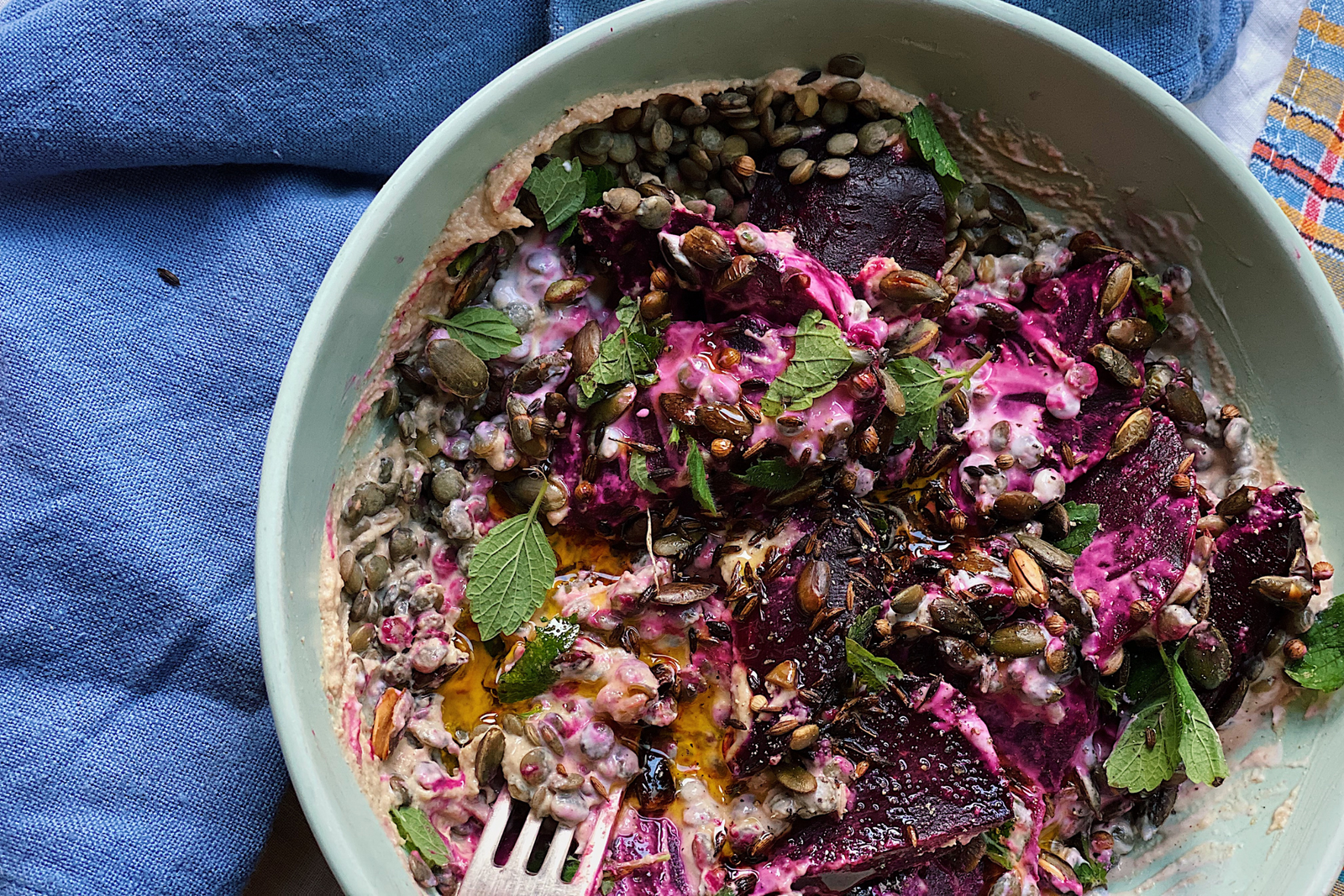 Roasted Beetroot with Lentils, Whipped Lemon Tahini, Pumpkin Seeds & Spices