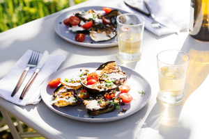 Seared Aubergines & Cherry Tomatoes with Fried Lentils & Tahini Dressing