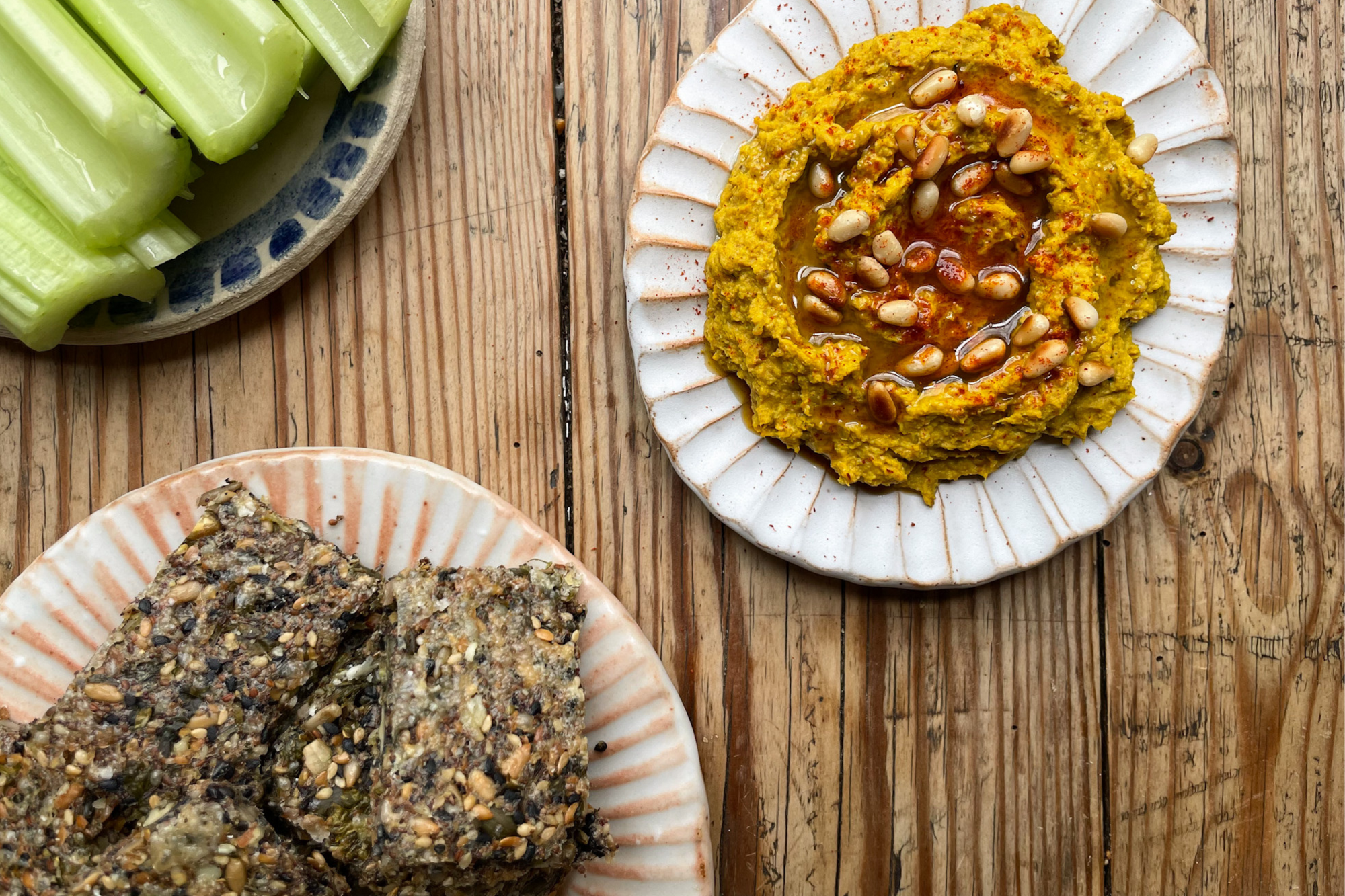 Seeded Parmesan Cracker and Roasted Cauliflower Fava Bean Hummus