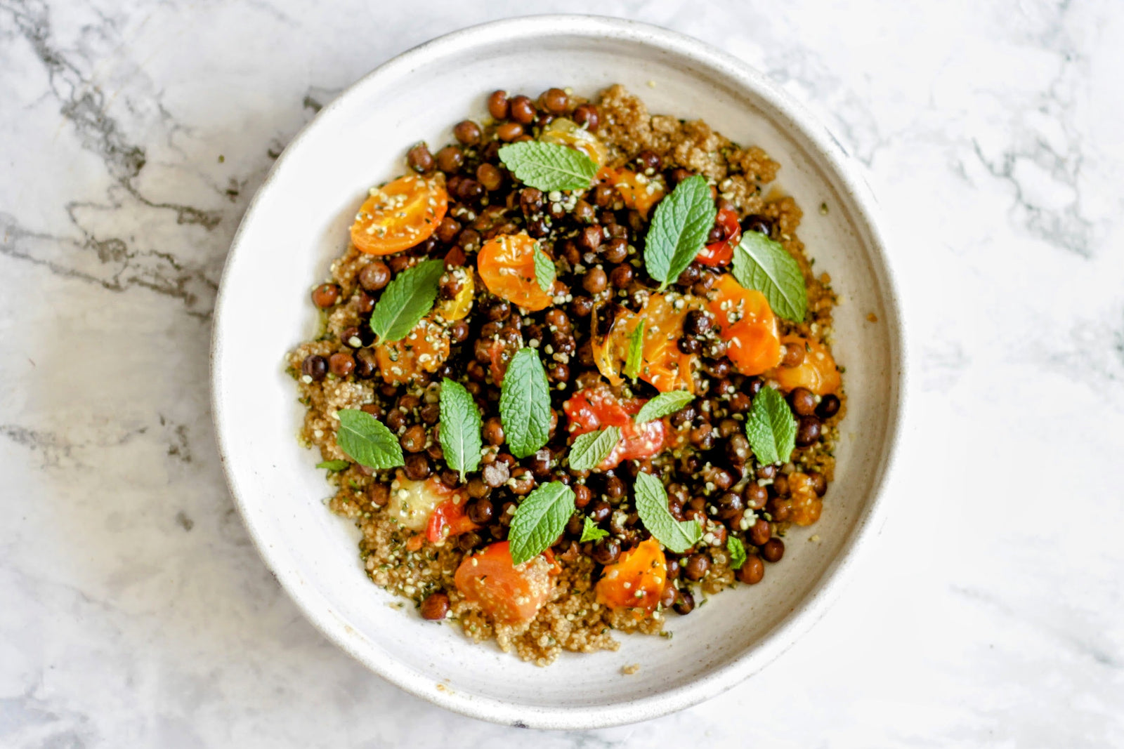 Smoked Quinoa, Roasted Tomatoes & Black Carlin Peas