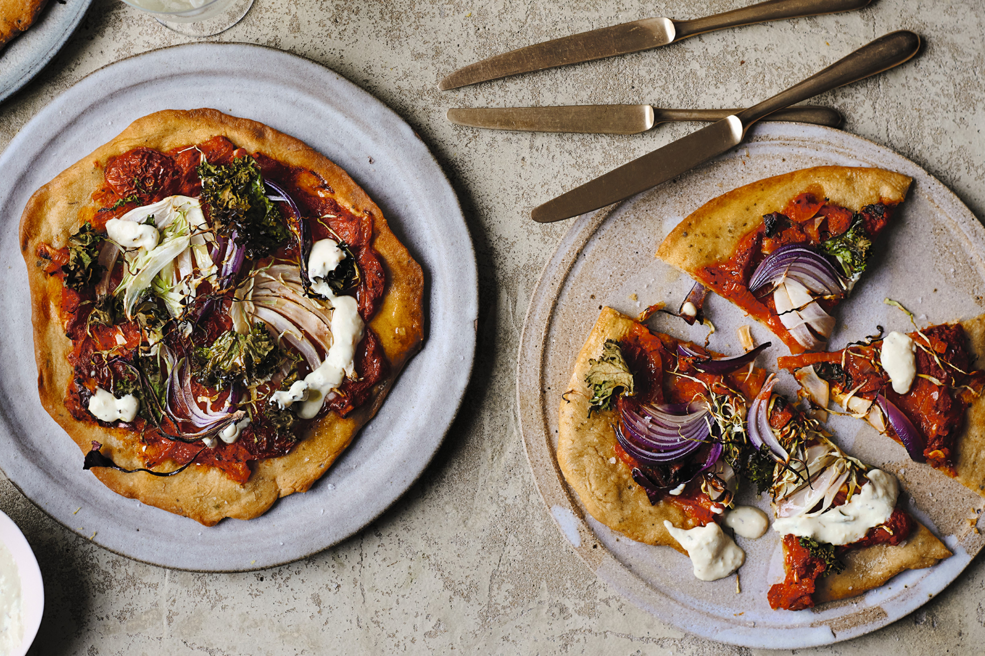 Spelt Pizza with Charred Fennel, Green Cabbage & Tofu Cream
