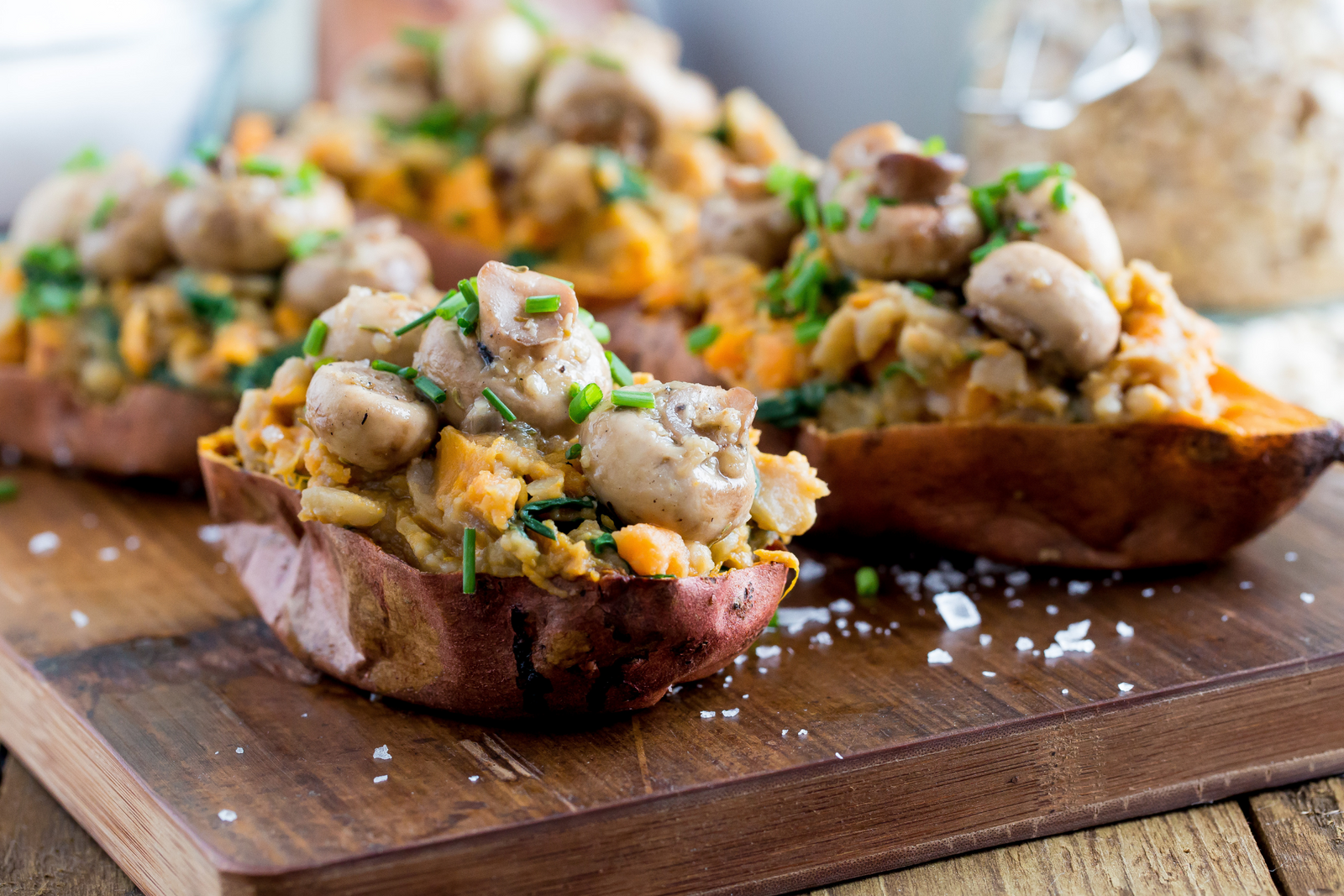 Garlic Mushroom & Fava Bean Stuffed Sweet Potatoes