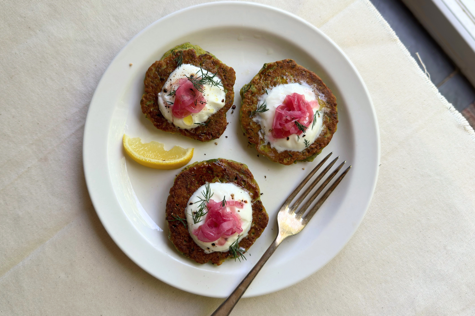Green Pea Courgette Fritters with Pickled Onions