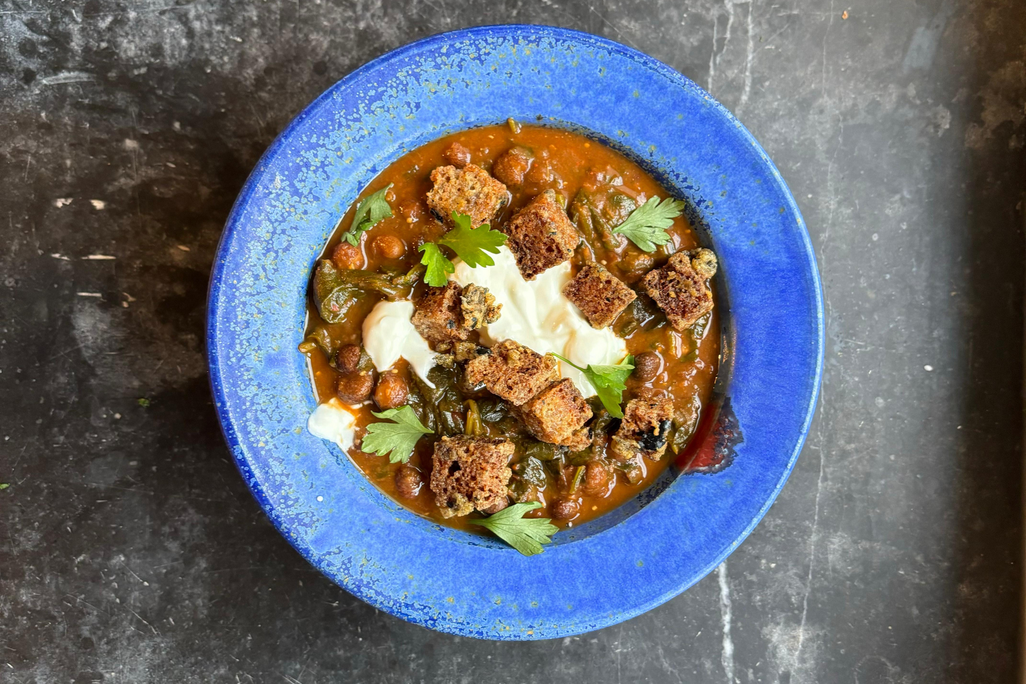 Winter Stew with Croutons & Greens