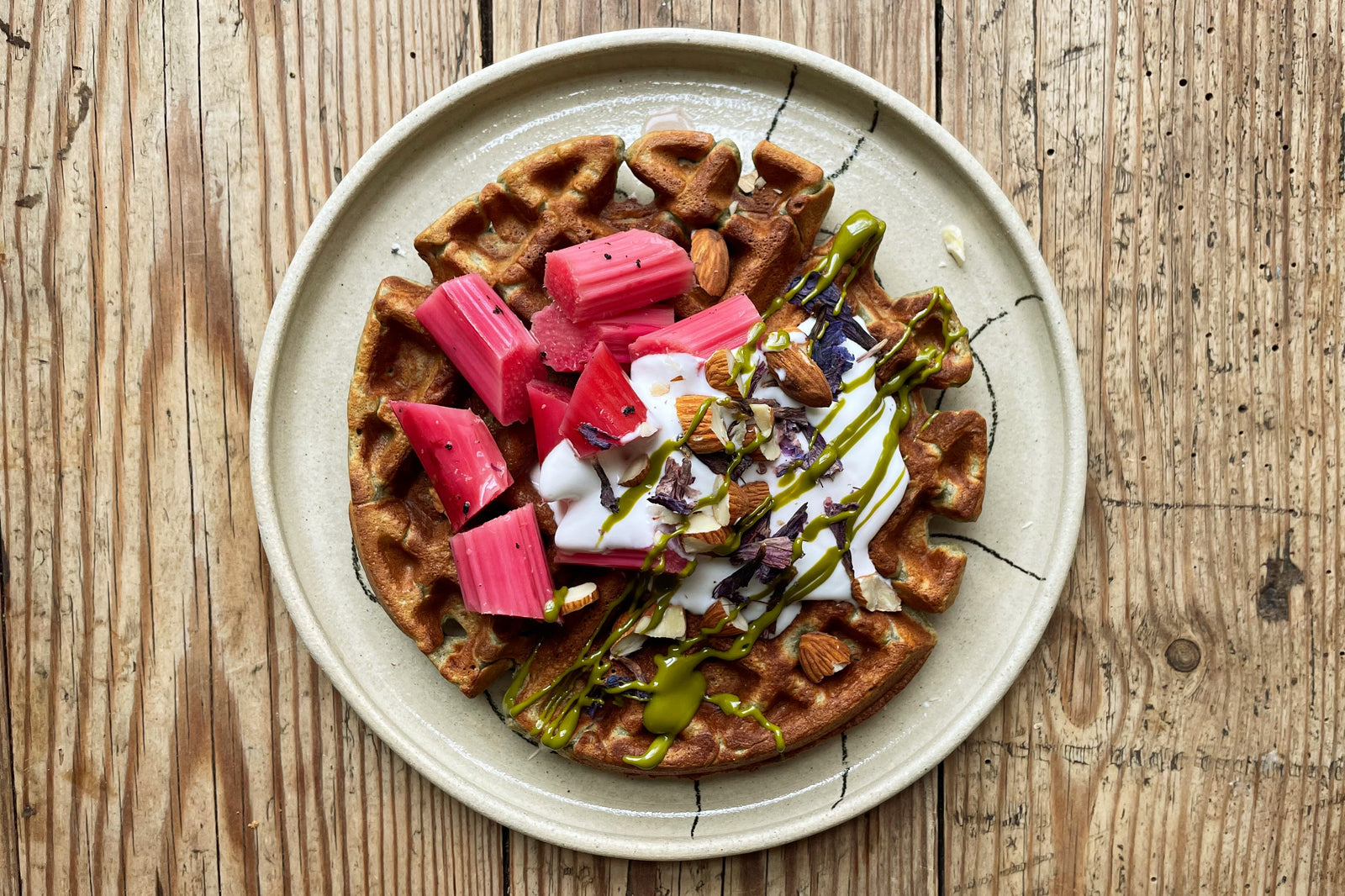 Banana, Hemp & Pulse Waffles with Roasted Rhubarb