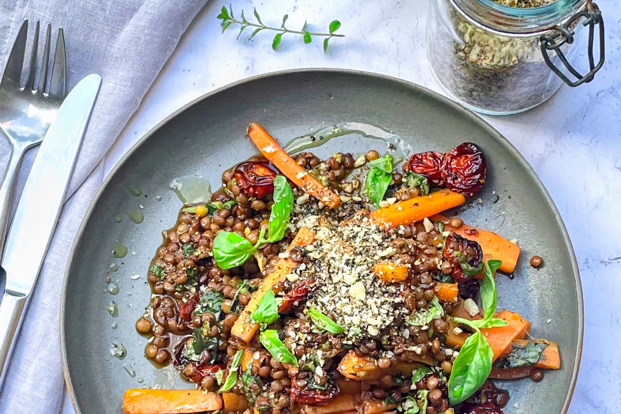 Lentils with Slow-Roasted Cherry Tomatoes, Carrots & Basil